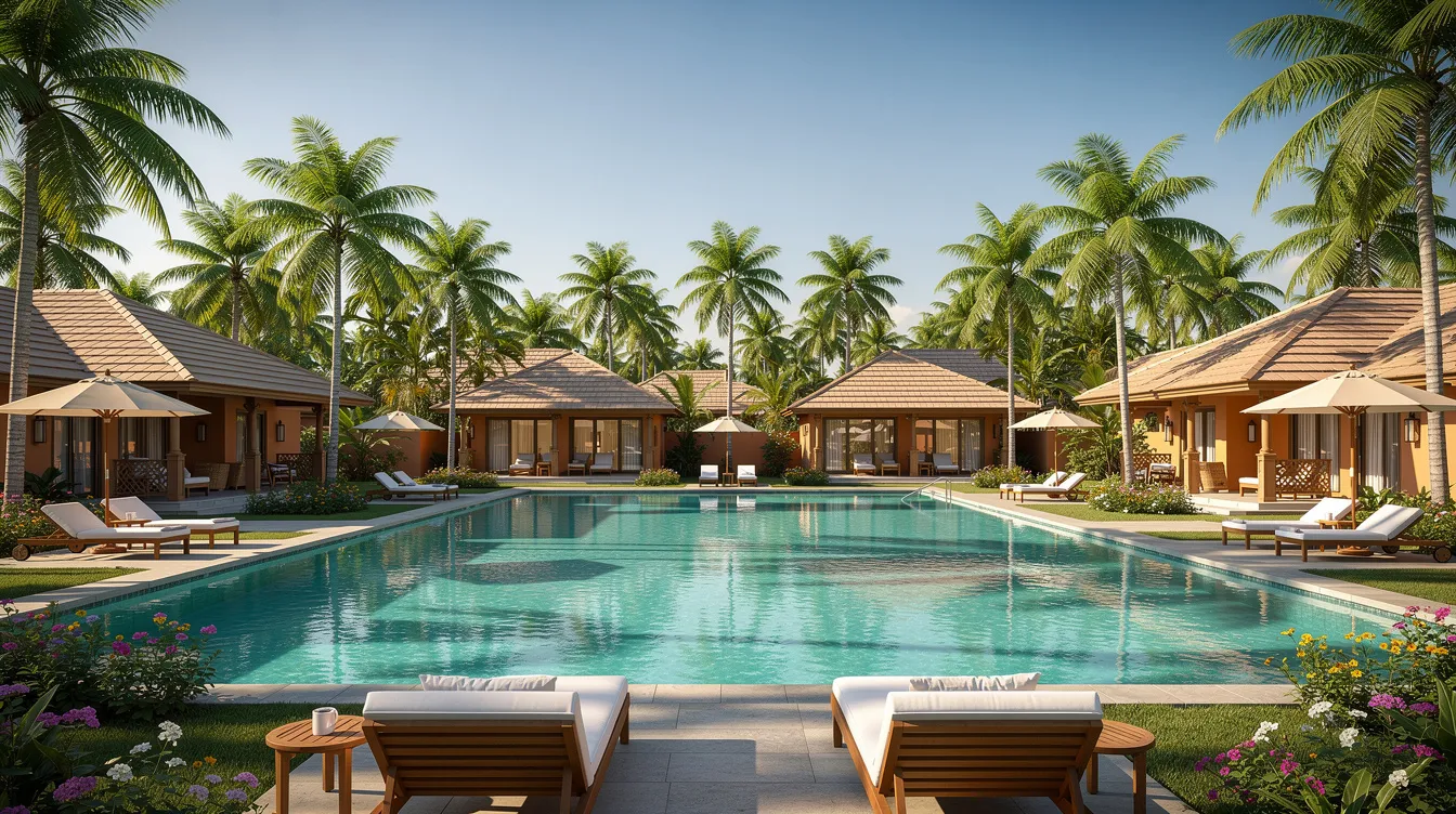 b40e7d6c a4fe 4edd 93a3 5204b1d52af8 The image depicts an elegant Indian luxury resort property featuring a serene swimming pool surrounded by lush palm trees and charming cottages, ideal for enhancing guest satisfaction and optimizing revenue through appealing amenities. This picturesque setting exemplifies the hospitality industry's focus on creating a memorable guest experience while incorporating strategic pricing and operational efficiency.