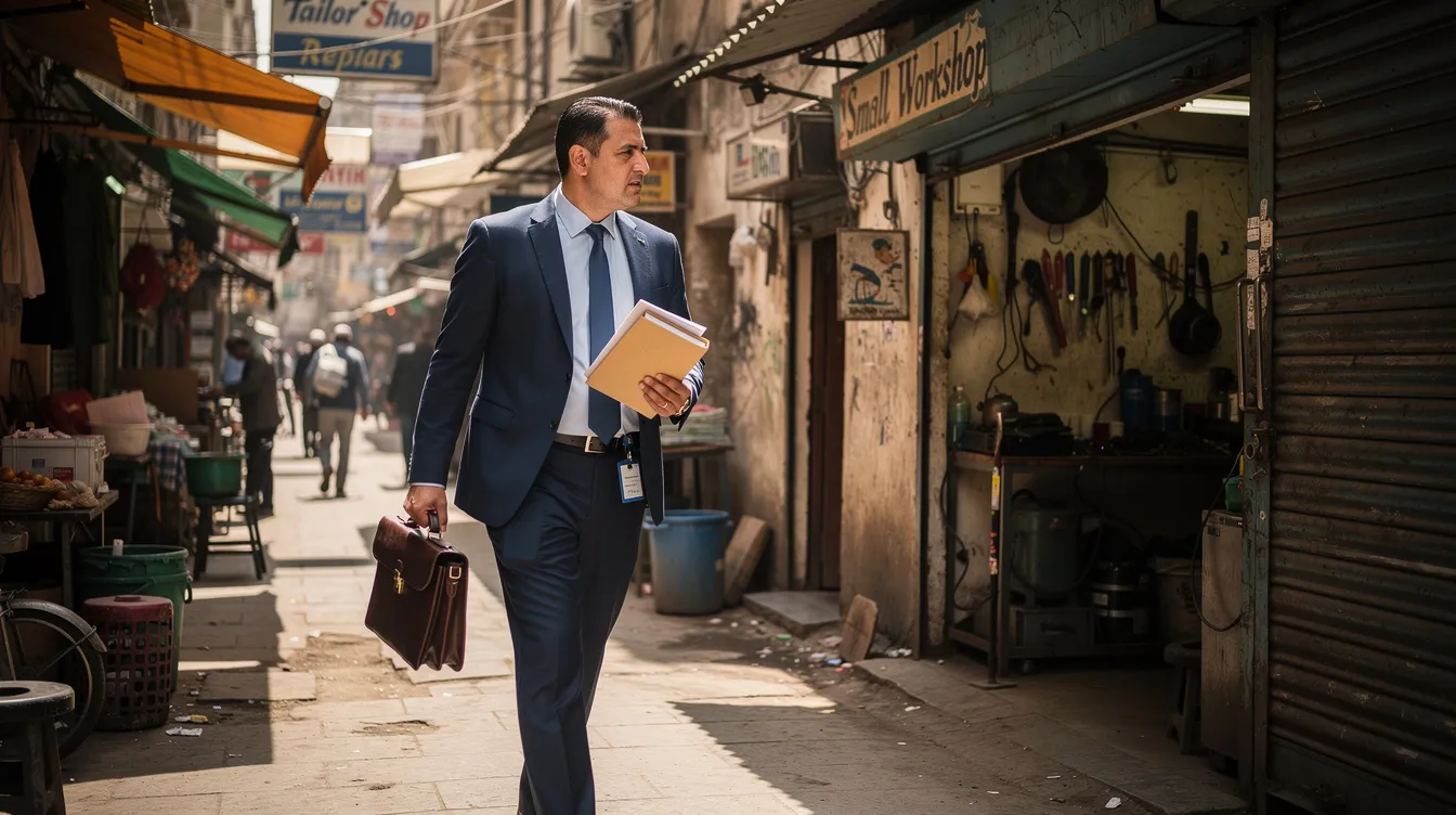 b40f8957 f36f 43ca b67d 4c70eedd76e0 A bank officer is seen walking towards a small workshop in a market lane, carrying a folder that likely contains important documents related to financial assistance for micro enterprises. This scene reflects the process of loan verification and support for eligible borrowers under the Mudra scheme, aimed at fostering the growth of small finance banks and micro units.
