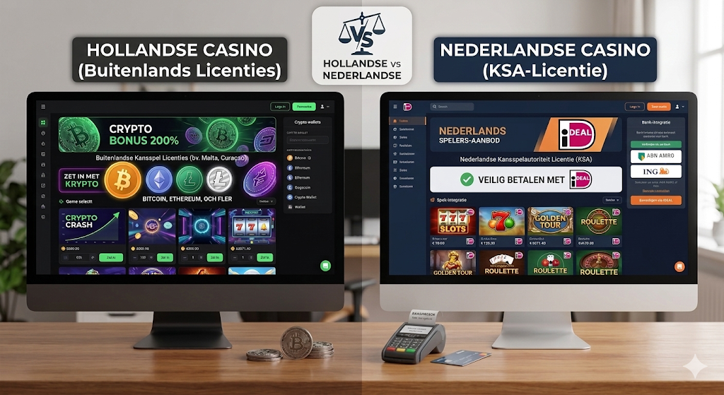 Vergelijking tussen buitenlandse online casino’s en legale Nederlandse casino’s met KSA-licentie, waarbij Nederlandse casino’s iDEAL als betaalmethode aanbieden via een veilige bankomgeving, terwijl sommige buitenlandse casino’s andere betaalmethoden of crypto gebruiken en minder toezicht hebben van de Nederlandse Kansspelautoriteit.