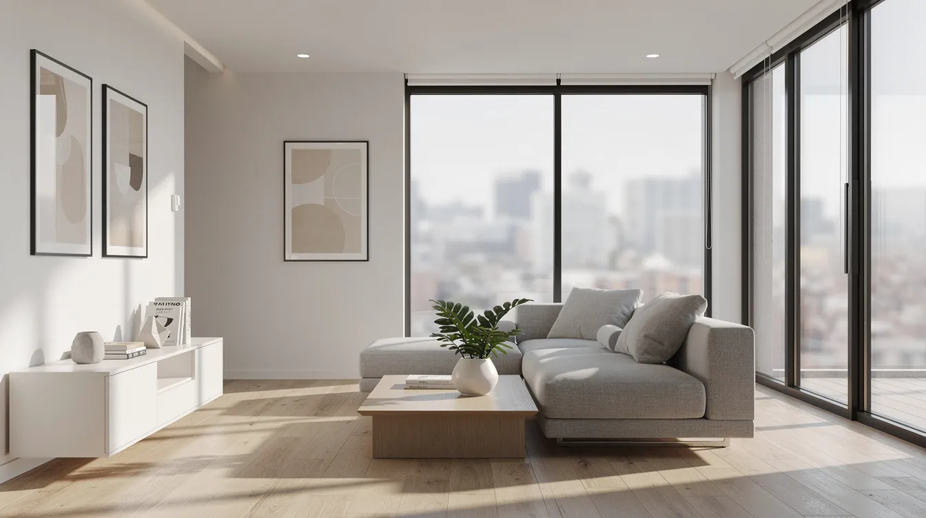 The image depicts a modern Scandinavian apartment interior featuring clean lines, warm wooden floors, and expansive windows that flood the space with natural light, reflecting the essence of Norwegian culture and design. This inviting atmosphere emphasizes personal space and comfort, making it an ideal setting for friends and family to enjoy life in Norway.