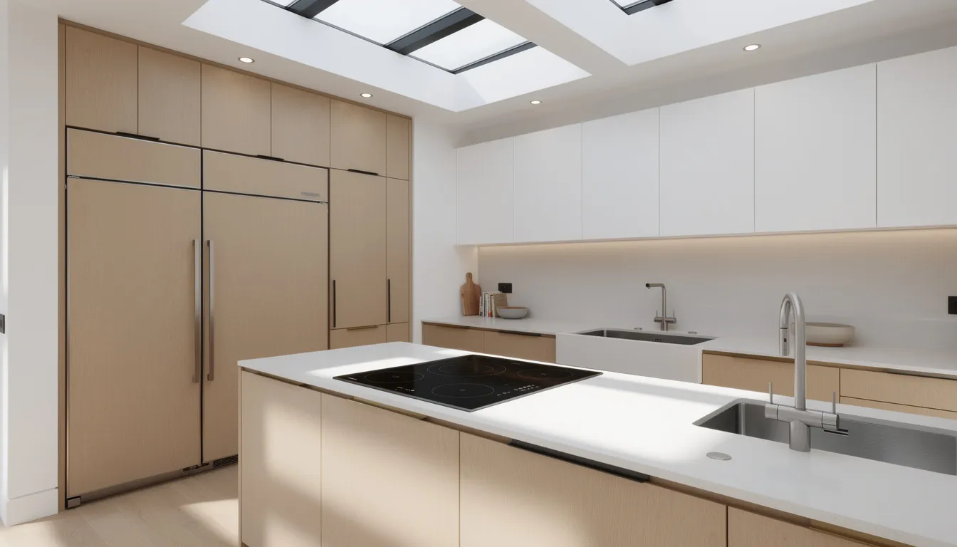 warm minimalism - The image showcases a modern kitchen with a sleek induction cooktop, a panel-ready refrigerator seamlessly integrated into warm wood cabinetry, and abundant natural light streaming in from overhead skylights. This minimalist renovation emphasizes a neutral color palette and natural materials, creating a stylish and efficient space for daily life.