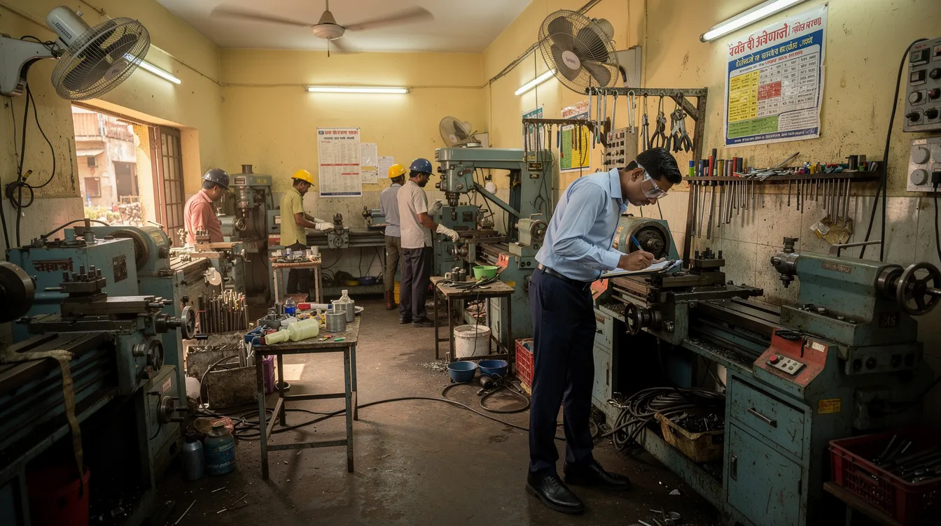 b411ebec 49ed 46e7 88b4 6fed89e55a6c The image depicts a small Indian manufacturing workshop filled with various processing machines, where an entrepreneur is inspecting the equipment. This scene reflects the essence of a business plan for a mudra loan project, showcasing the operational aspects and machinery involved in commercial manufacturing processes.
