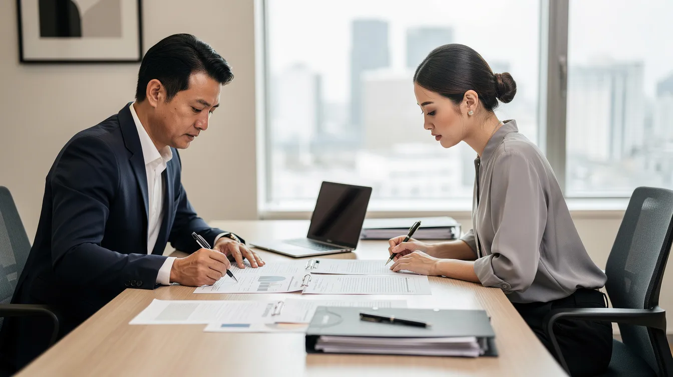 Two professionals are seated at a desk in an office, reviewing loan application documents related to the hotel business. They appear focused on discussing financial details such as interest rates and cash flow, essential for securing a business loan for hotel construction.