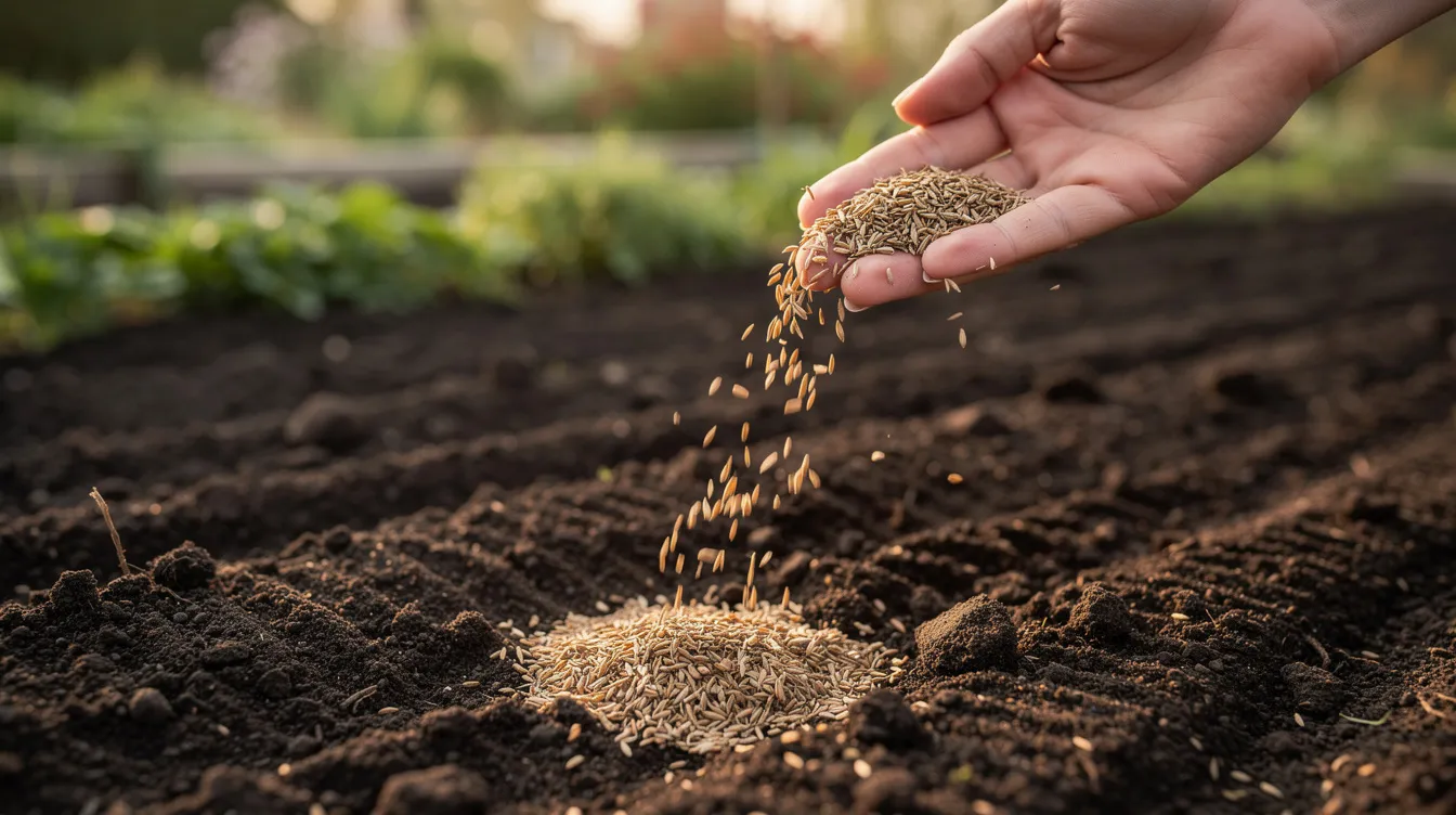 An individual is scattering fresh grass seed by hand over prepared soil in a garden, aiming to establish a new lawn. The seeds, including perennial ryegrass and slender creeping red fescue, are being evenly distributed to promote healthy growth and a lush green surface.