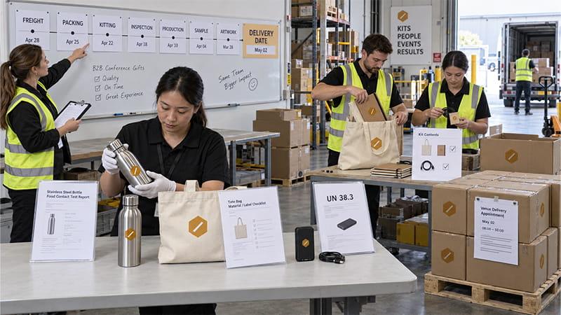 Promotional product production schedule, compliance checks, kit assembly, export packing, and delivery coordination
