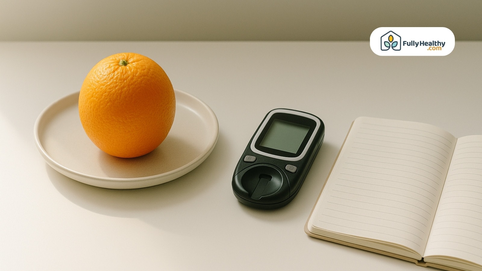 Whole orange on plate beside glucose meter and blank open notebook