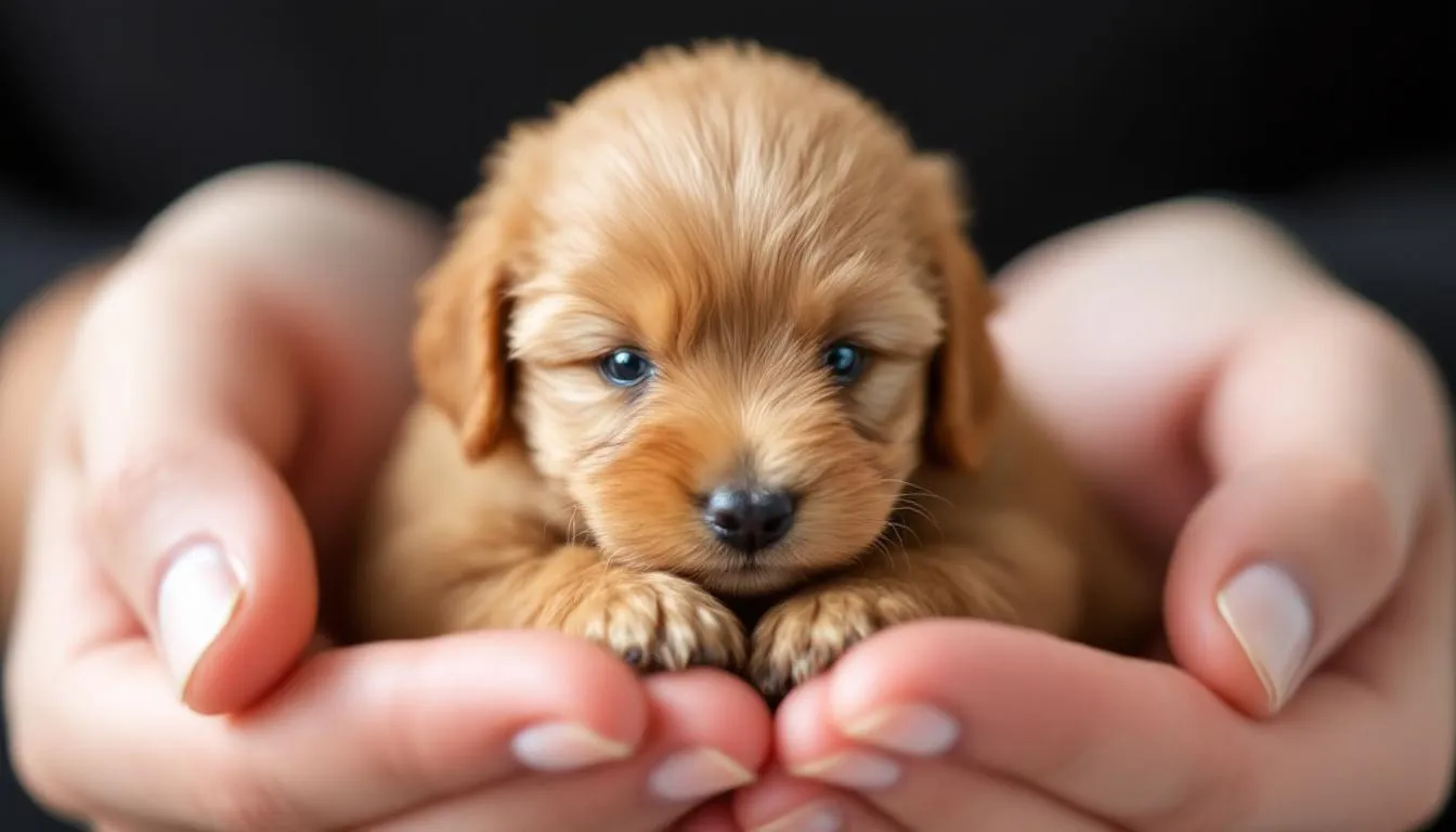 A tiny micro teacup goldendoodle puppy is nestled comfortably in a person