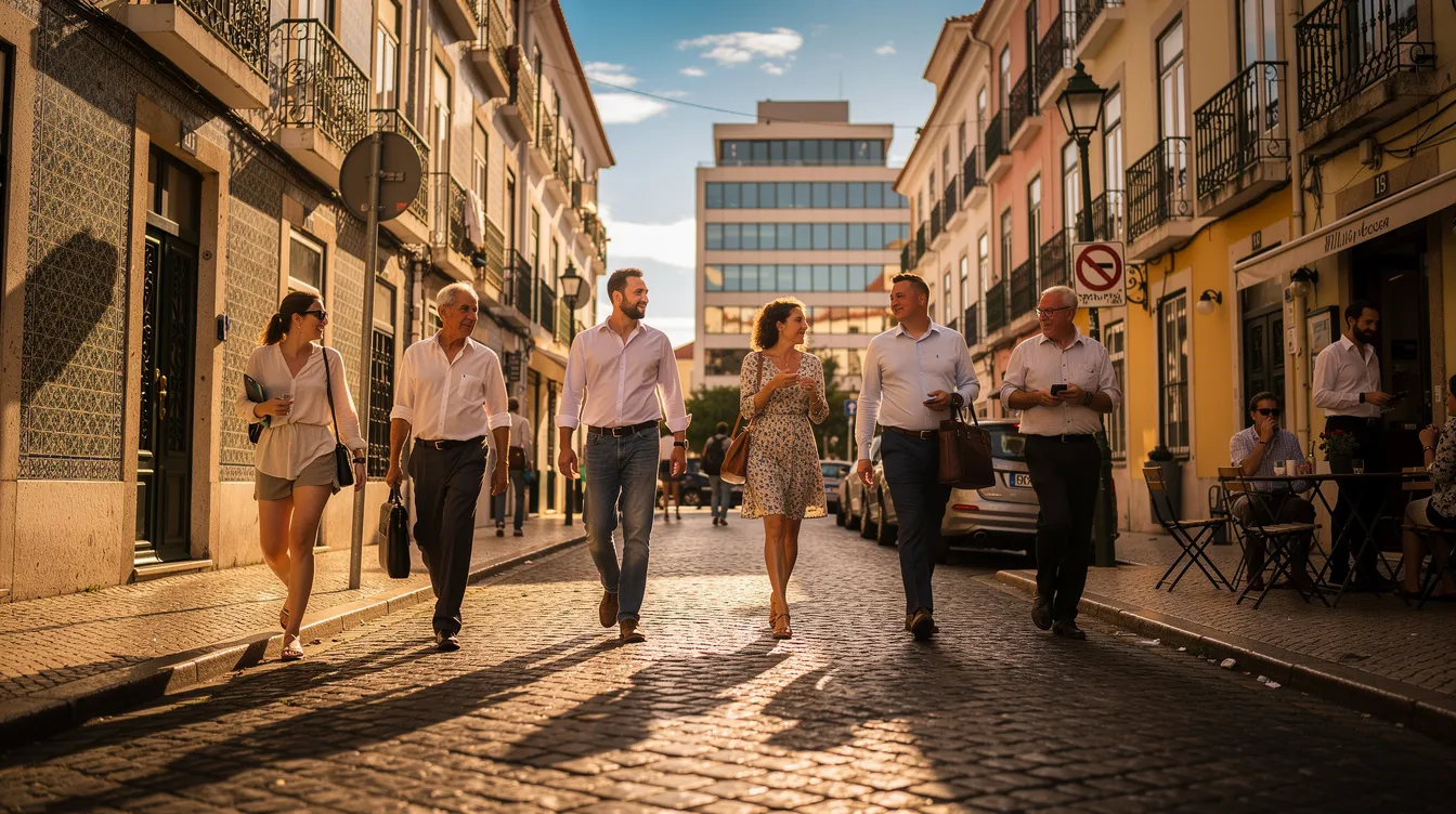 A vibrant scene in a sunny Lisbon street shows people walking amidst modern office buildings, embodying the typical atmosphere of a bustling urban environment. The image captures the essence of daily life in the city, where the average day unfolds against a backdrop of architectural diversity.