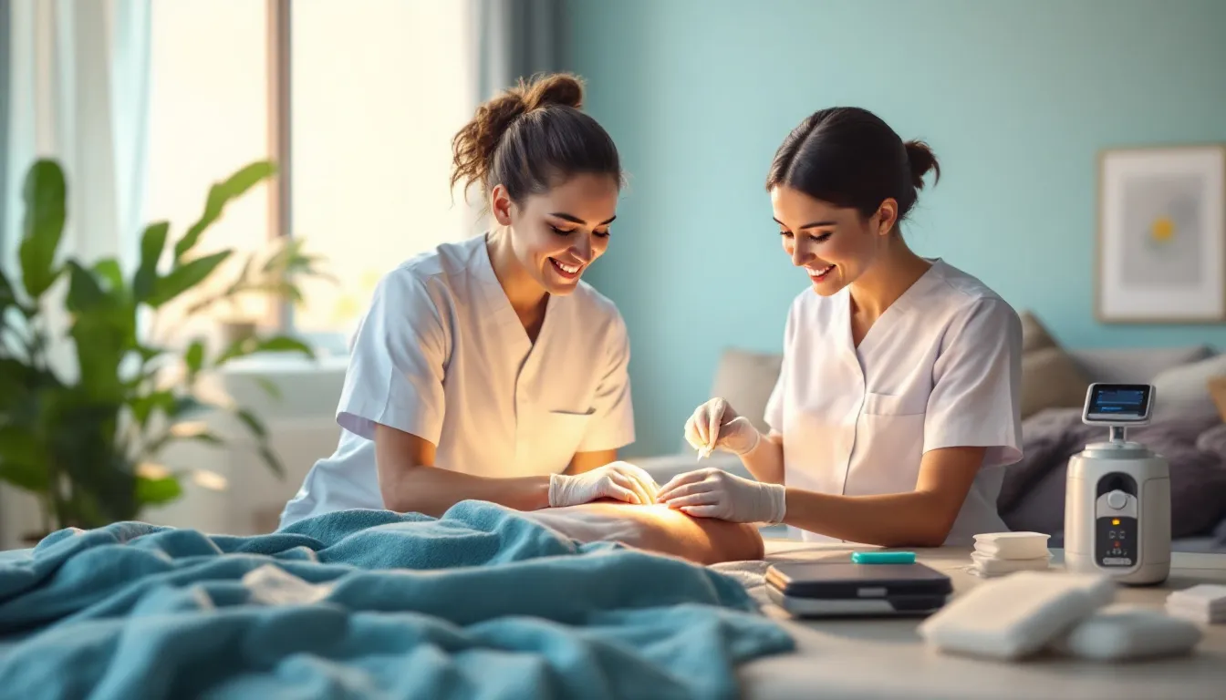 A nurse performing advanced wound care on a patient in a home setting, highlighting specialized wound care services.