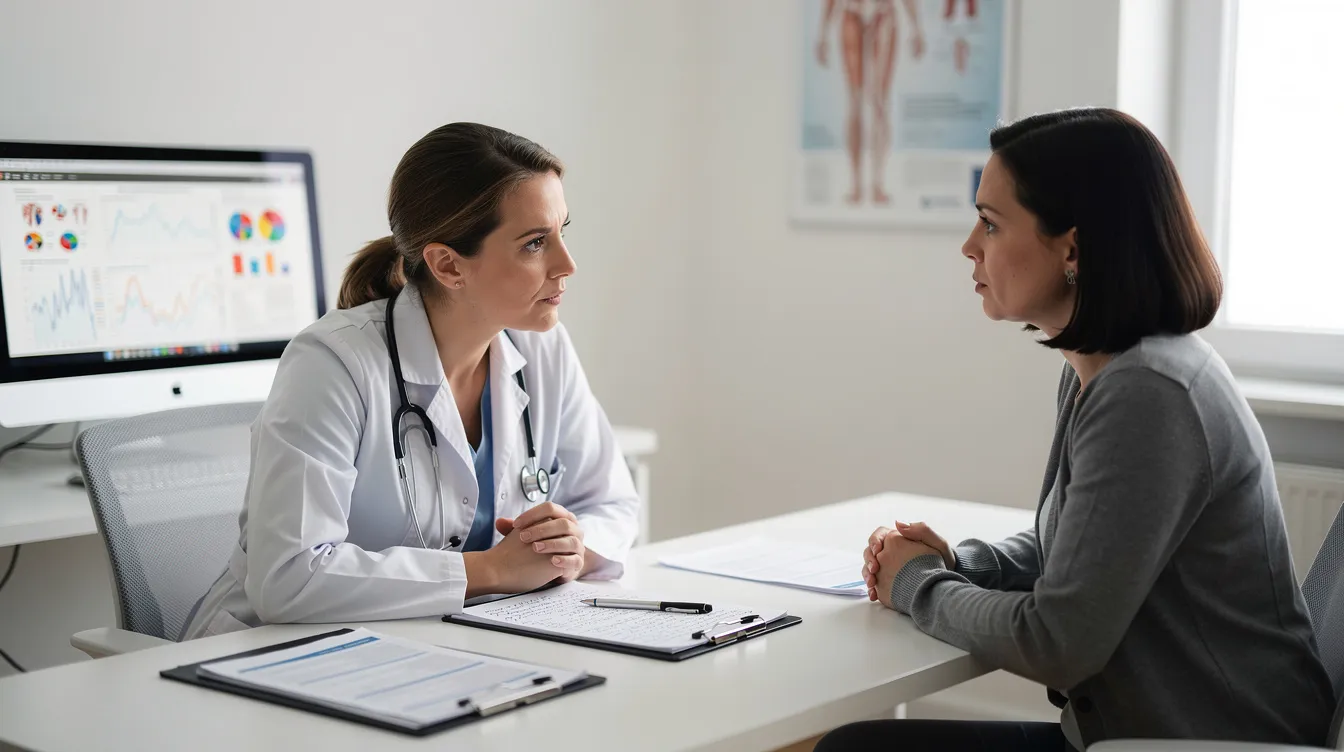 Eine Ärztin sitzt einer Patientin gegenüber und führt ein Gespräch, während auf einem Klemmbrett neben ihr Notizen liegen. Der Computerbildschirm im Hintergrund zeigt verschiedene Diagramme, die die objektive Analyse der Patientendaten darstellen.