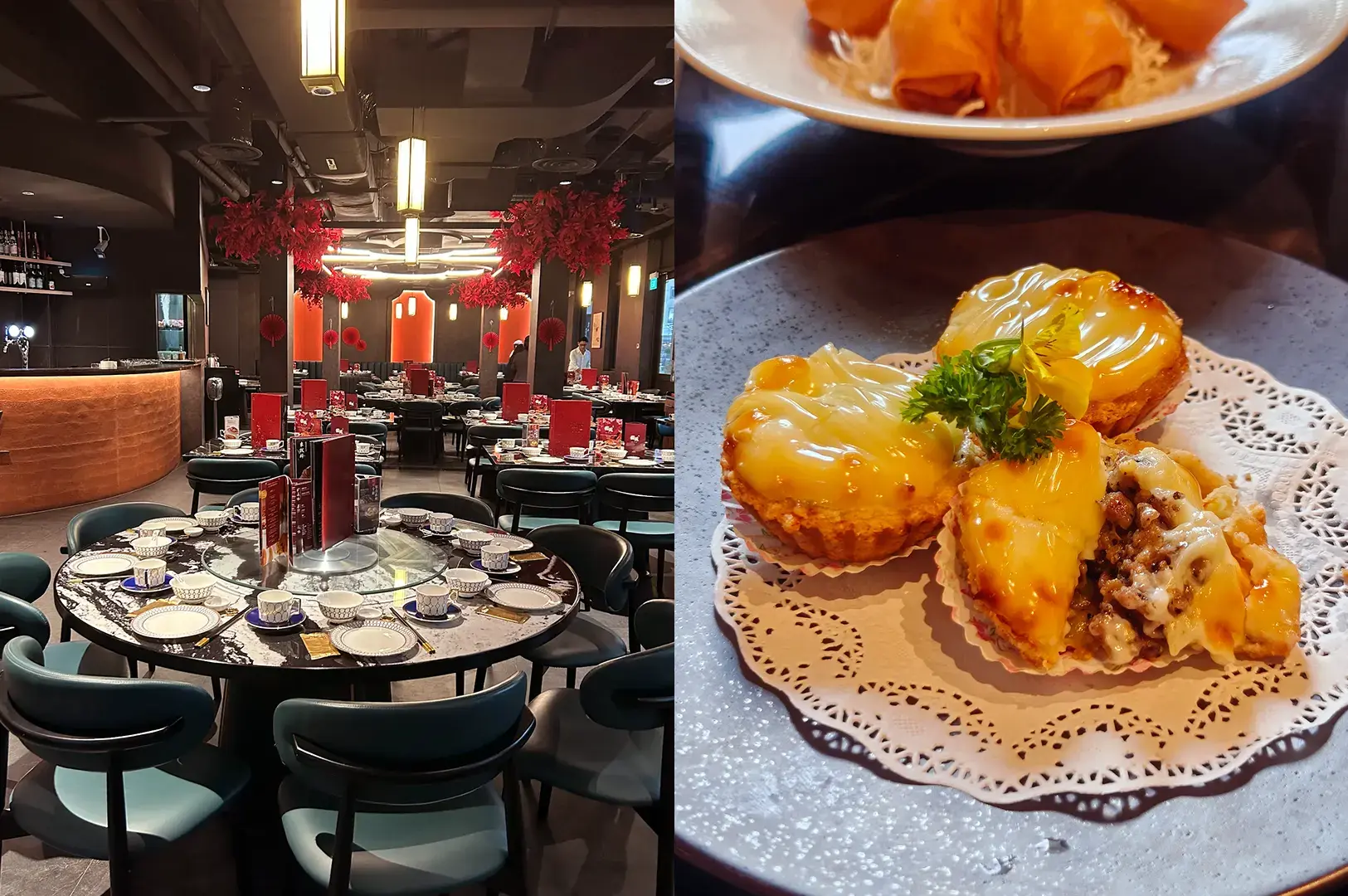 Fu Yuan Teochew Dining interior and steamed fish with orange sauce.