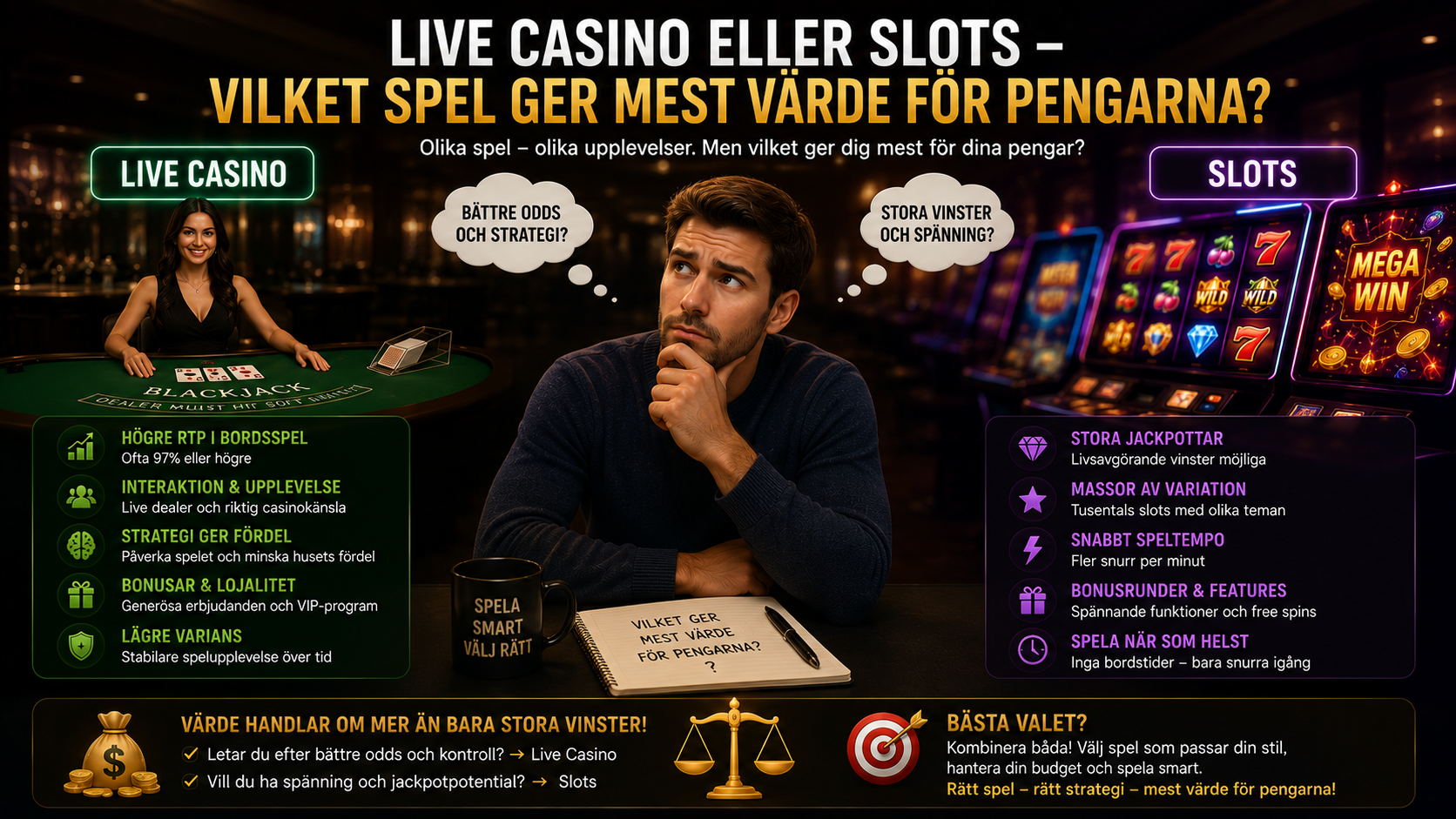 Live casino eller slots – vilket spel ger mest värde för pengarna på online casino