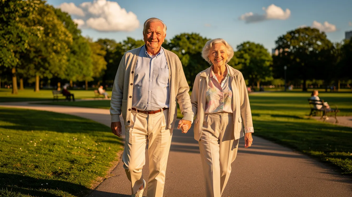 A retired couple strolls hand in hand through a sunlit park, enjoying the warmth of the day and the beauty of nature around them. Their leisurely walk symbolizes the joy of retirement and the financial security that comes from careful planning, much like the services offered by Prudential Financial to support clients in achieving their life's work and retirement savings goals.