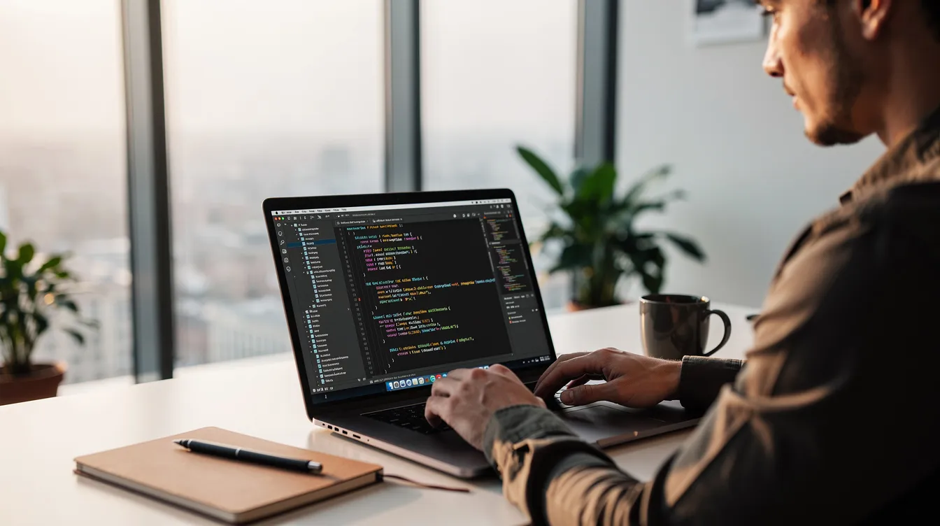 A developer is focused on coding on a laptop in a bright office space, with lines of code visible on the screen. The environment suggests a tech-savvy atmosphere, ideal for discussing payment methods like SEPA direct debit and online payments, highlighting the importance of providers such as Mollie and Stripe in the European market.