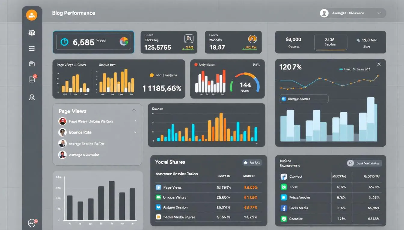 The image depicts an analytics dashboard showcasing various blog performance metrics, including audience engagement data and website traffic statistics. It highlights key insights for optimizing blog posts and attracting the right audience through effective content strategies and marketing techniques.