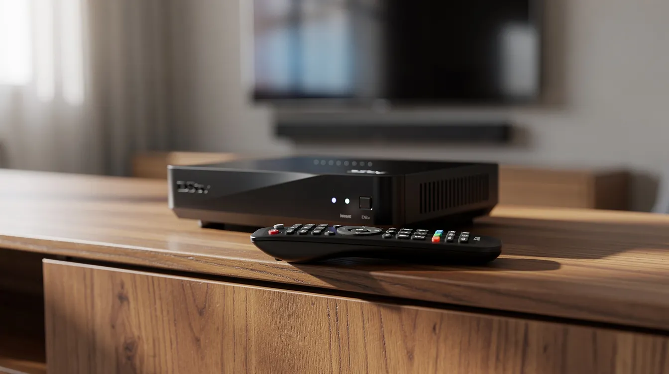 The image features a DStv decoder and remote control neatly placed on a TV cabinet, showcasing essential equipment for a complete viewing experience. This setup highlights the importance of professional DStv installation services for optimal entertainment in homes or guest houses.