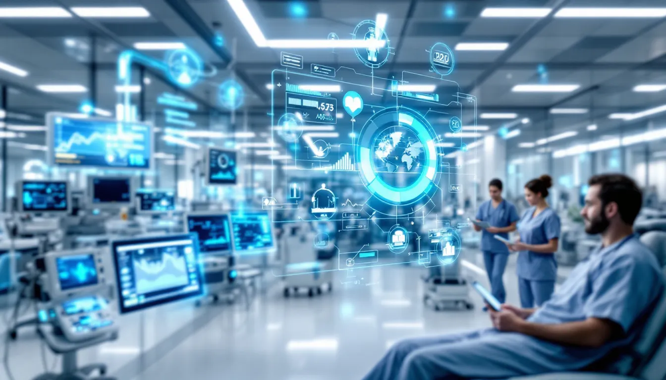 The image depicts a modern medical facility with interconnected healthcare technology, showcasing various devices and data systems that streamline medical records and patient care. This advanced setup emphasizes the importance of data collection methods for healthcare professionals to enhance health outcomes and improve healthcare services.