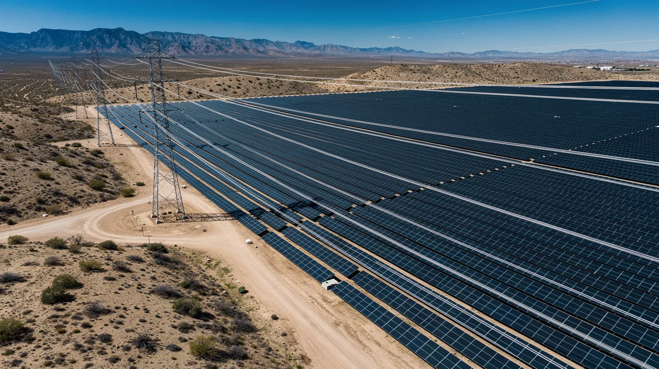 An aerial view showcases a vast solar farm located next to electrical transmission towers, set against a semi-arid landscape in the western United States. This image highlights the growing trend of renewable energy project development, emphasizing the importance of infrastructure projects in the energy sector.