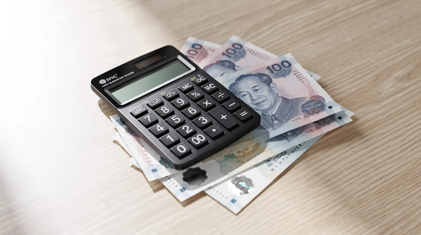 A calculator sits on top of a stack of Hong Kong dollar banknotes on a clean wooden desk, suggesting a financial context possibly related to personal loans or calculating interest rates. The scene conveys a sense of organization and focus on financial management.