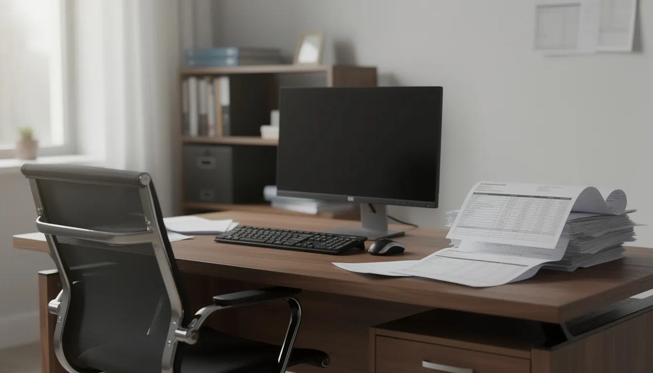 Na biurku znajduje się komputer oraz stół z dużym stosikiem faktur, co sugeruje aktywność w zakresie zarządzania płynnością finansową i obsługi faktoringowej. W tle można dostrzec elementy biurowe, które tworzą profesjonalną atmosferę pracy przedsiębiorcy, zajmującego się finansowaniem faktur oraz analizą ryzyka niewypłacalności kontrahenta.