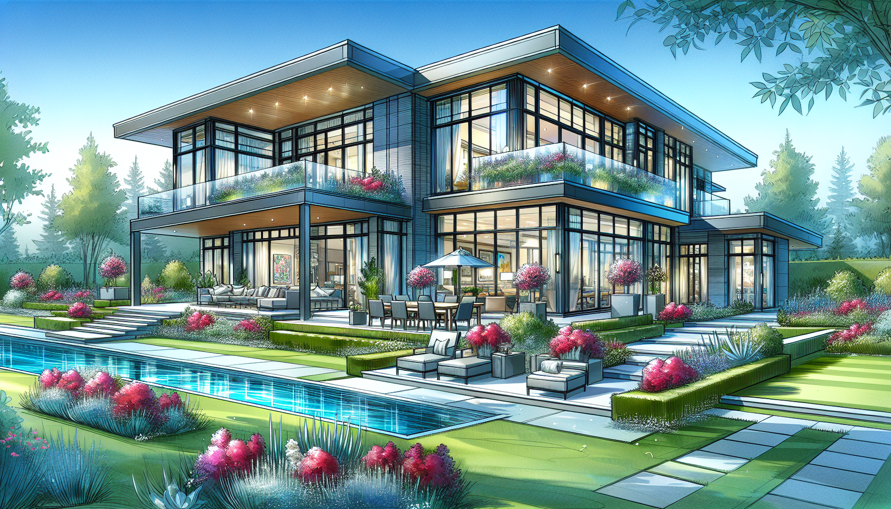 An illustration of a beautiful luxury home in Calgary showcasing modern design and luxurious amenities.