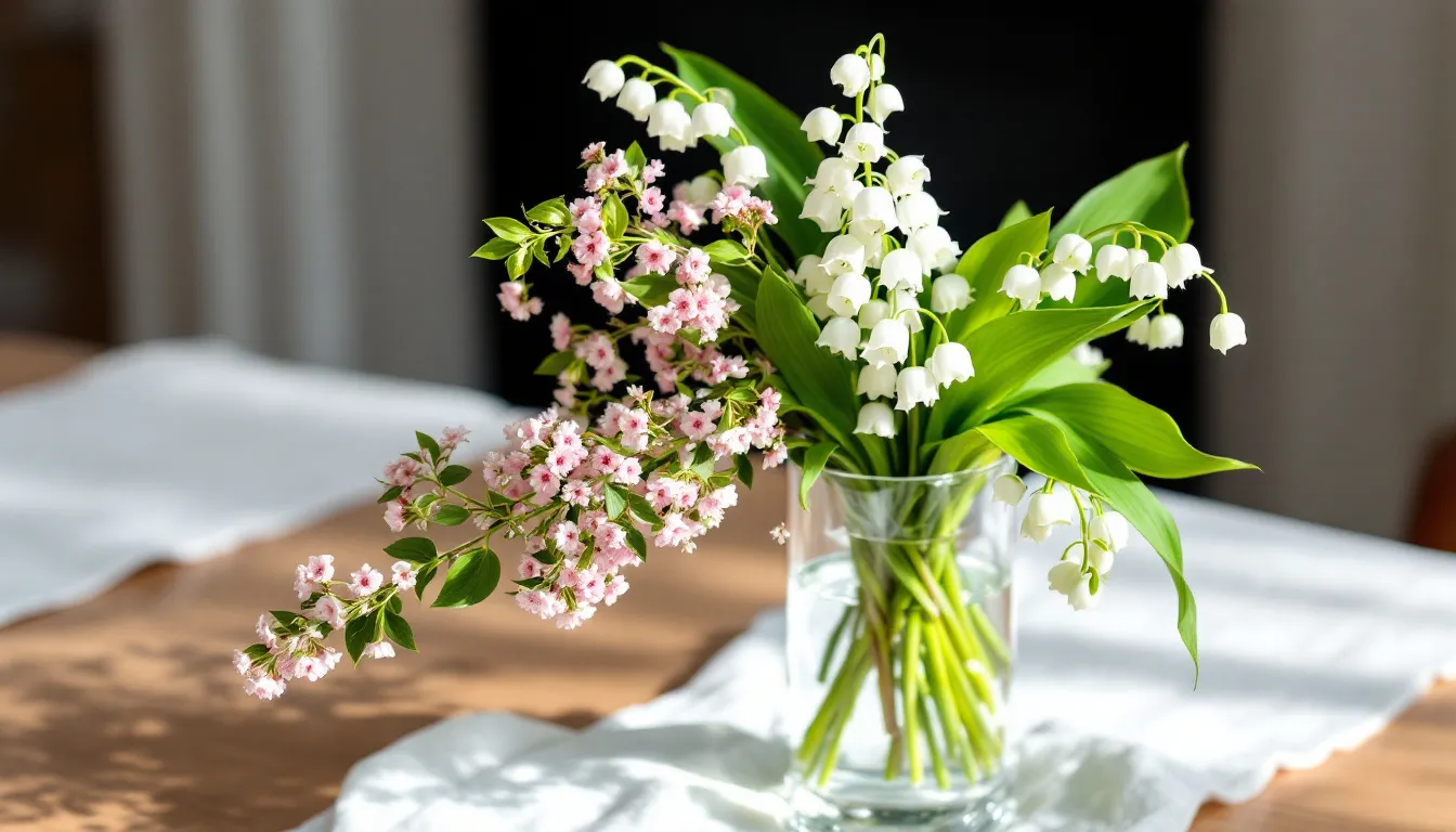 An elegant floral arrangement showcases delicate blooms of lily of the valley and hawthorn, beautifully displayed in a crystal vase. This composition symbolizes purity and hope, making it a perfect representation of birth month flowers for those born in May.