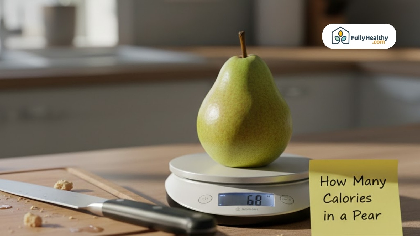 Green pear on digital scale beside note about calories