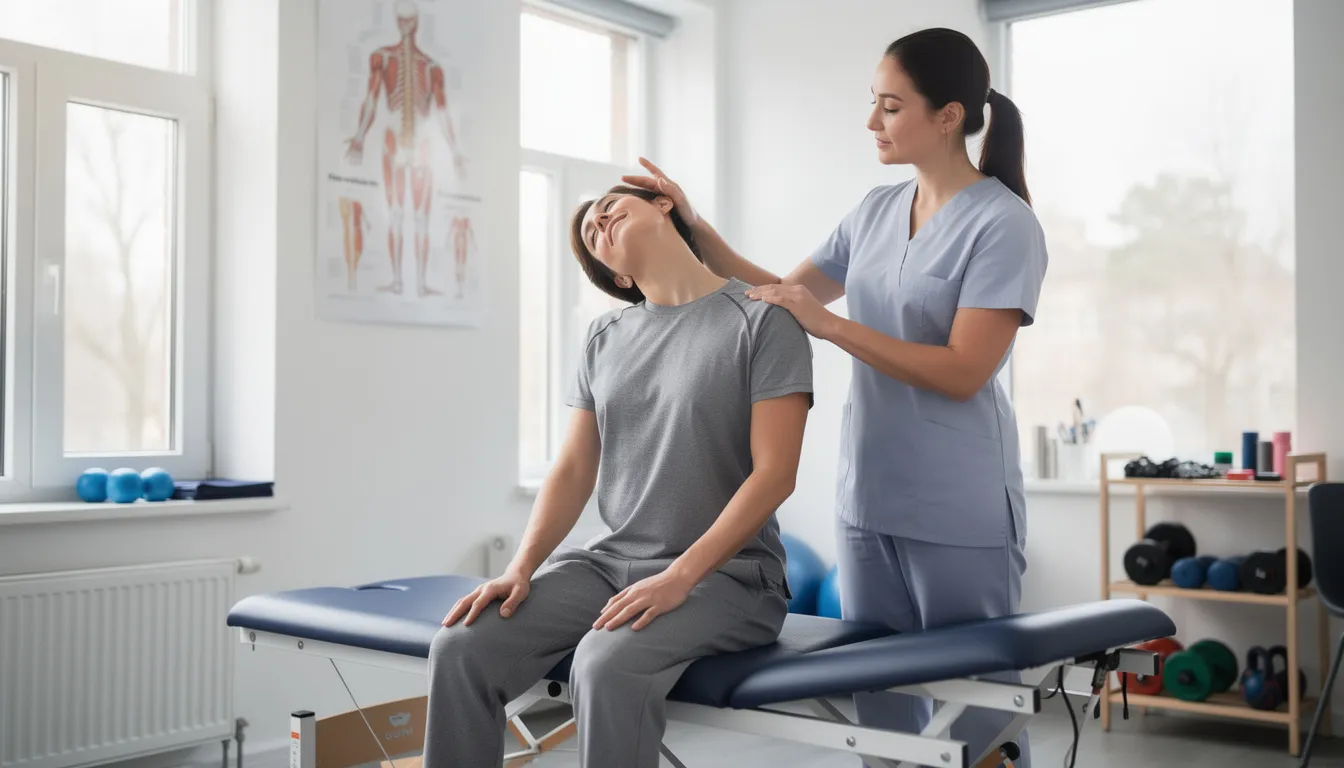 A person is performing gentle neck stretches under the guidance of a physical therapist in a clinic, focusing on improving range of motion and alleviating neck stiffness often associated with whiplash injuries. The therapist is providing support to ensure proper technique and to help reduce symptoms of neck pain.