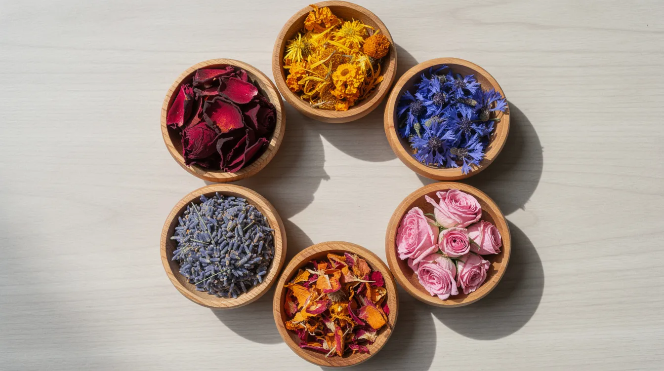 The image features six small wooden bowls arranged in a circle, each filled with a different type of colorful dried flower petals, including marigolds and rose petals. These gorgeous dried edible flowers can be used to enhance the beauty and flavors of various dishes, drinks, and salads.