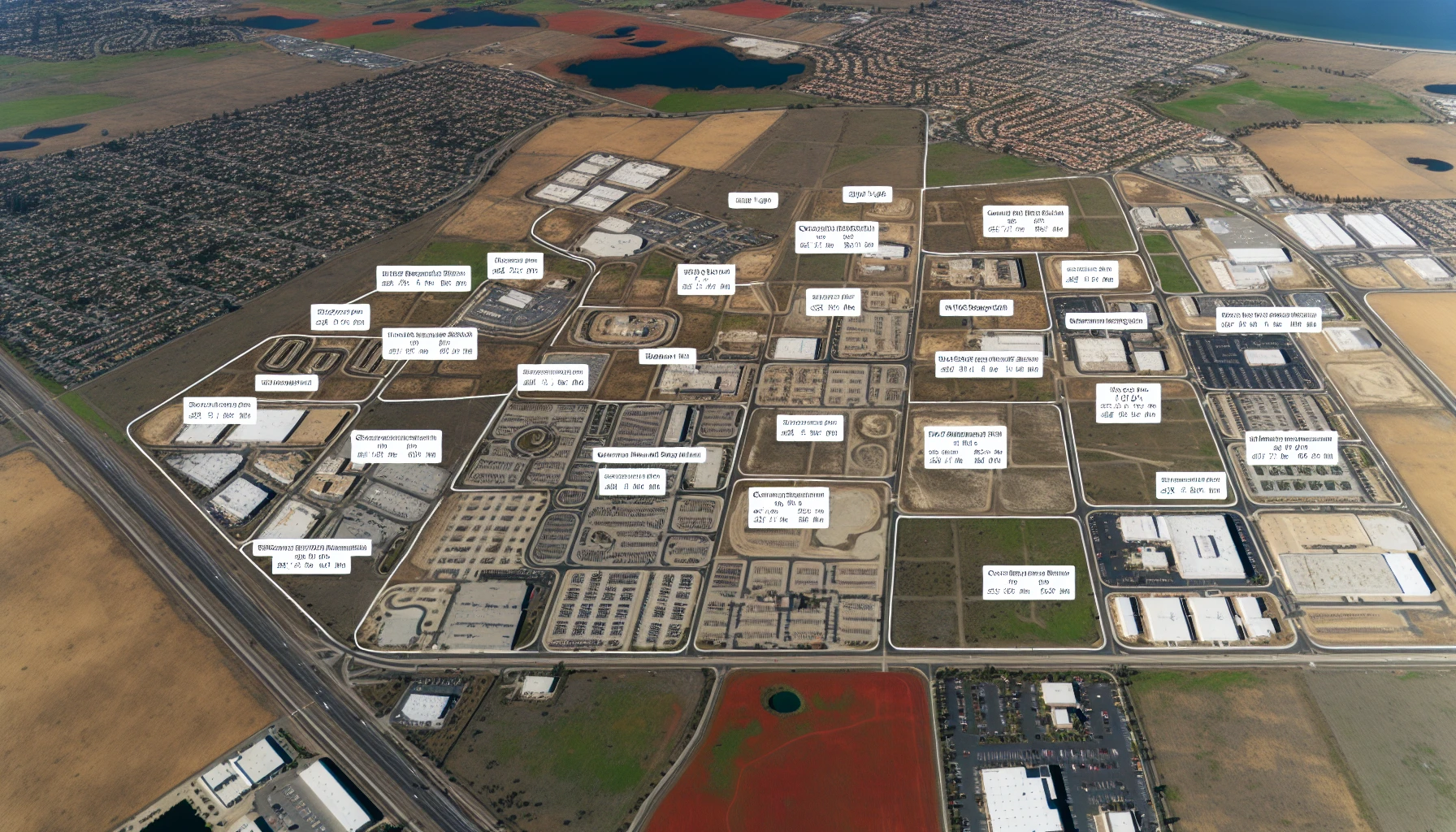 Aerial view of potential self storage facility sites with different land costs and construction expenses