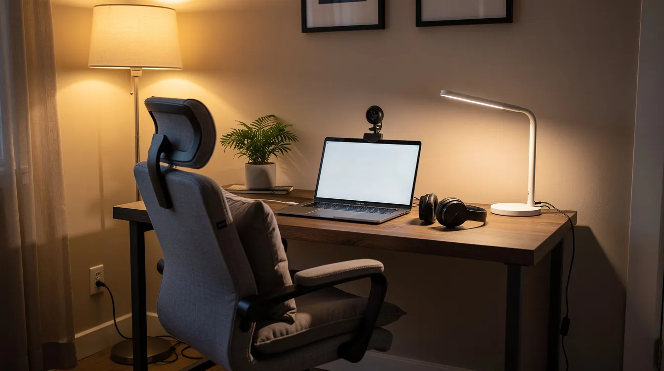 The image depicts a cozy home office setup featuring a laptop on a desk, a comfortable chair, and warm lighting, creating a safe and supportive space for online couples therapy sessions. This inviting environment is ideal for gay and lesbian couples seeking to address relationship dynamics and mental health issues with a licensed therapist.