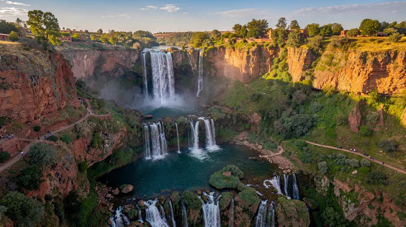 Vista aérea das impressionantes Cascatas de Ouzoud, onde águas cristalinas despencam em meio à vegetação exuberante, criando um cenário natural deslumbrante. Este lugar, que atrai turistas em busca de beleza e tranquilidade, é uma experiência única no coração de Marrocos.