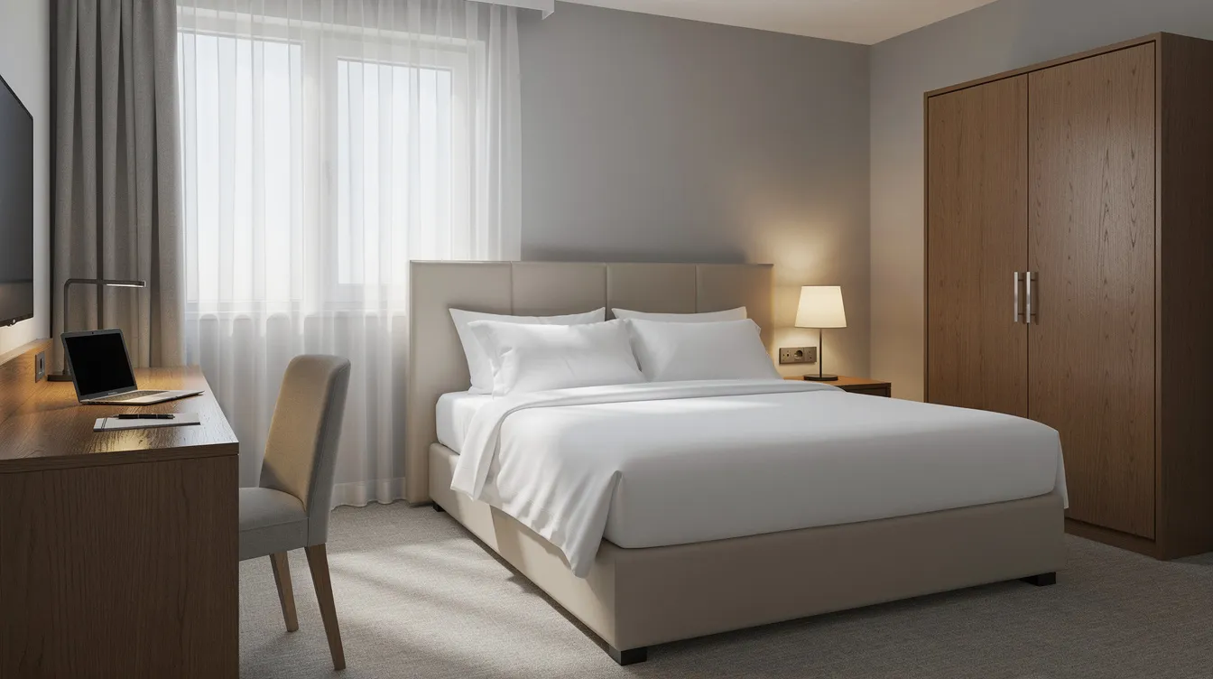The image depicts the interior of a well-furnished hotel room featuring a neatly made bed, a wooden desk, a wardrobe, and a reading lamp, all designed to enhance guest comfort and satisfaction in a 3-star hotel environment. The arrangement of hotel furniture reflects a focus on both functionality and aesthetics, ensuring a pleasant guest experience.