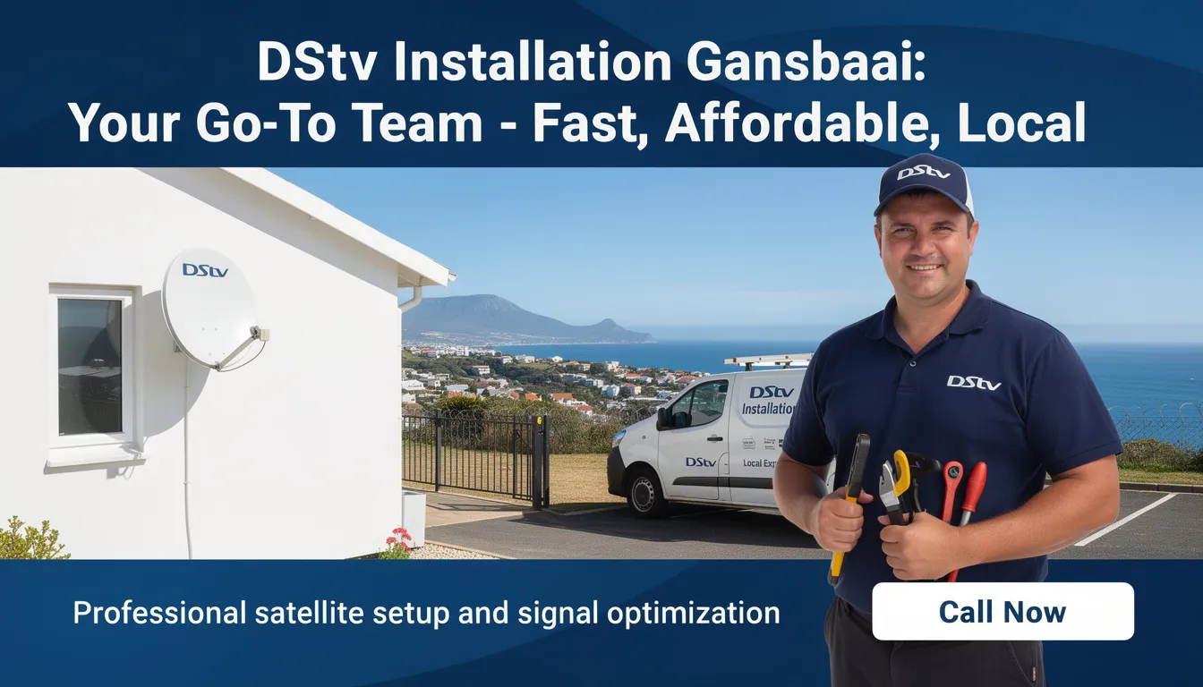 The image showcases a professional team of DStv installers in Gansbaai, equipped with satellite dish installation tools, working on a residential setup. They are dedicated to providing fast and affordable DStv installation services, ensuring optimal signal reception and quality for local customers.