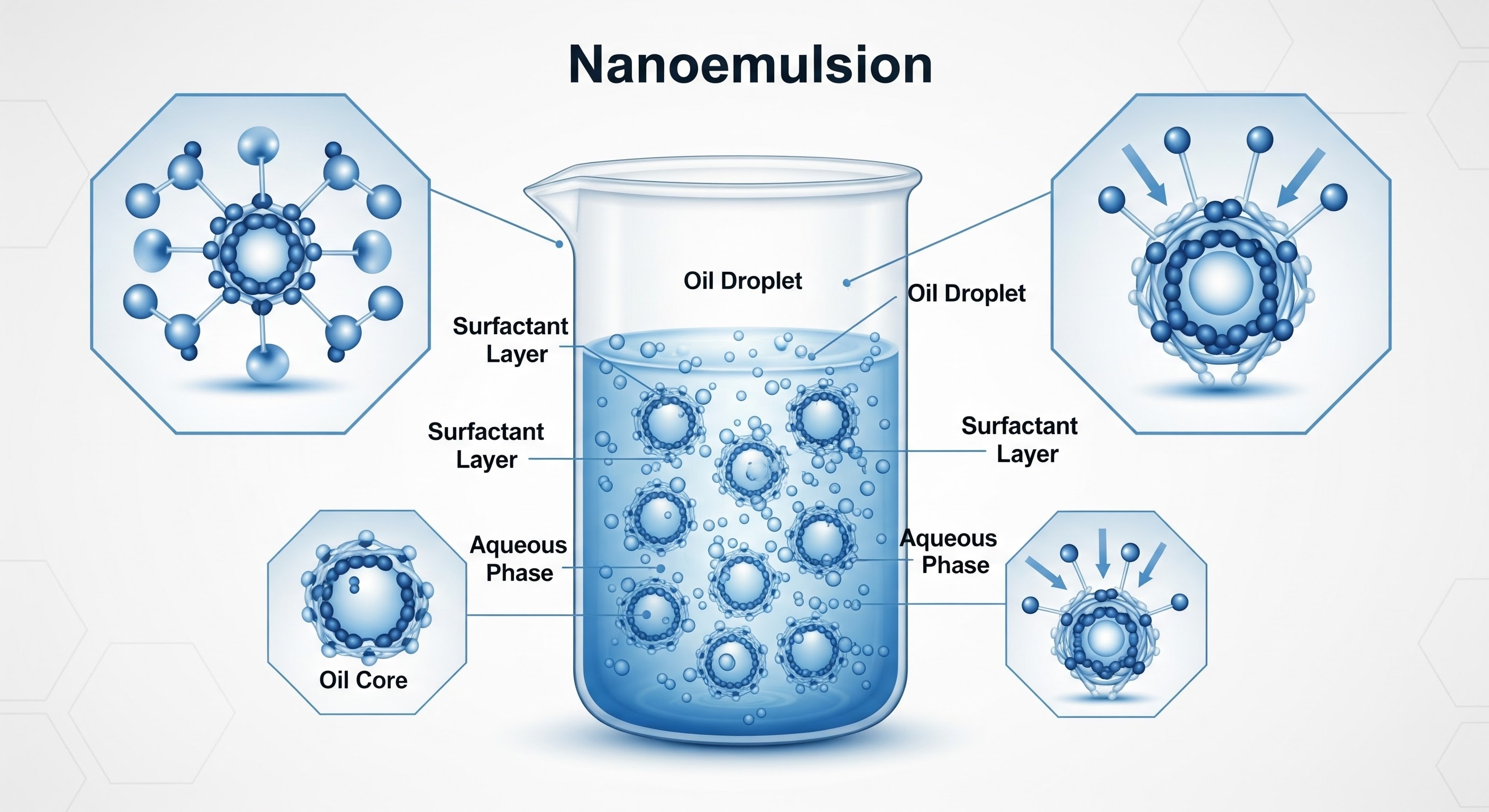 nanoemulsion infographic: dispersed droplets in water, labeled particles, blue‑white scientific diagram
