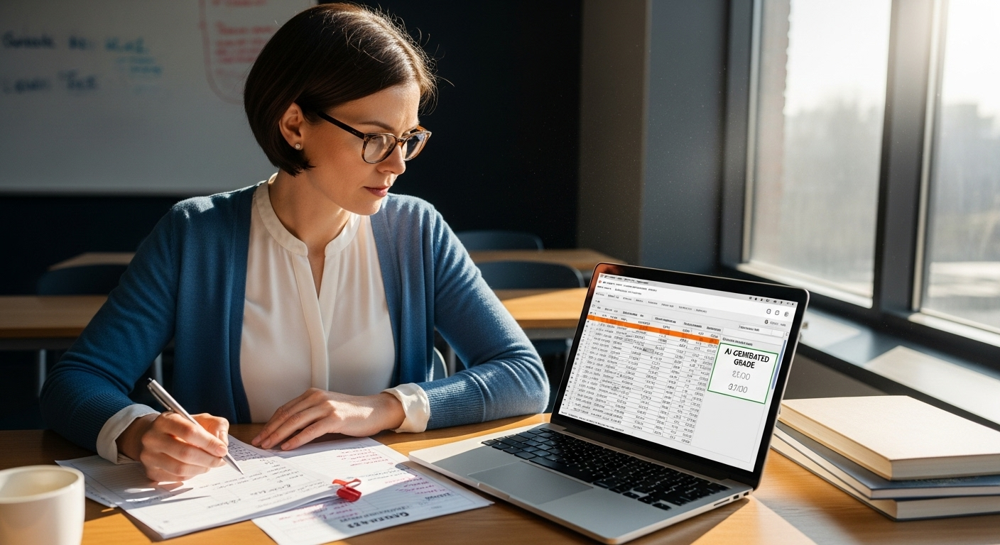 Teacher reviewing AI-generated grades to ensure fairness and student understanding.