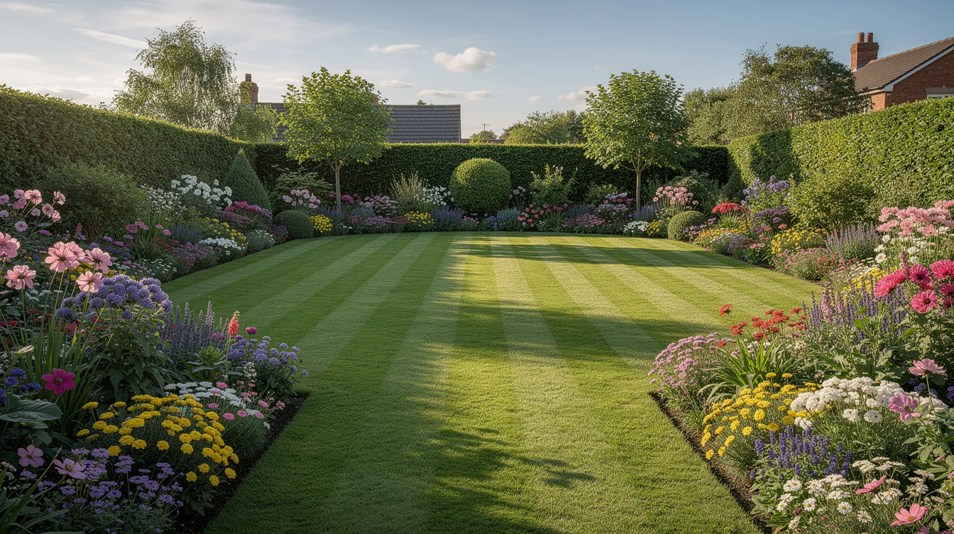 The image showcases a wide view of a lush green striped lawn in a sunny English back garden, bordered by colorful flowers along the edges. This healthy lawn appears well-maintained, suggesting regular mowing and lawn care treatments to achieve its vibrant appearance.