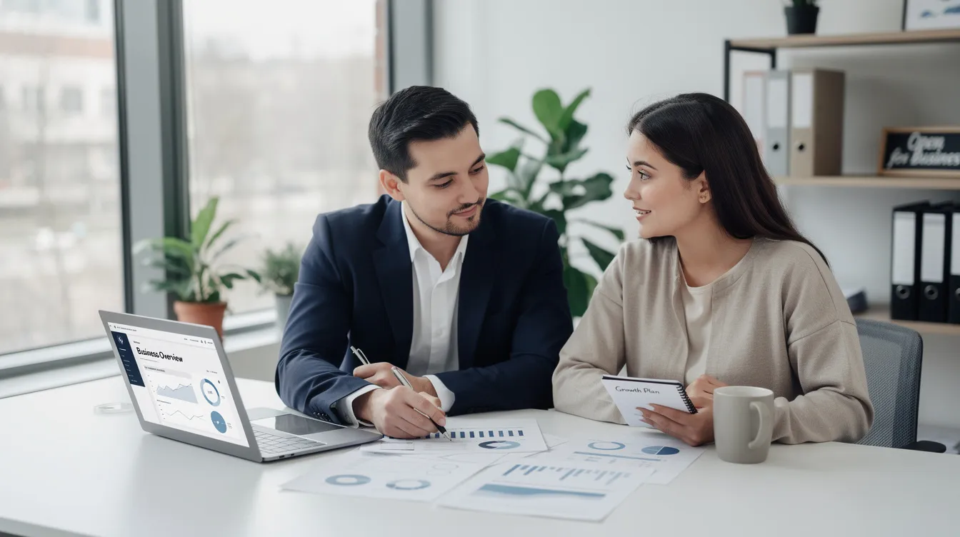 The image shows a professional advisor sitting with a small business owner, both reviewing documents related to a mudra loan application. They appear engaged in discussion, likely assessing the business plan and required documents needed for loan approval.