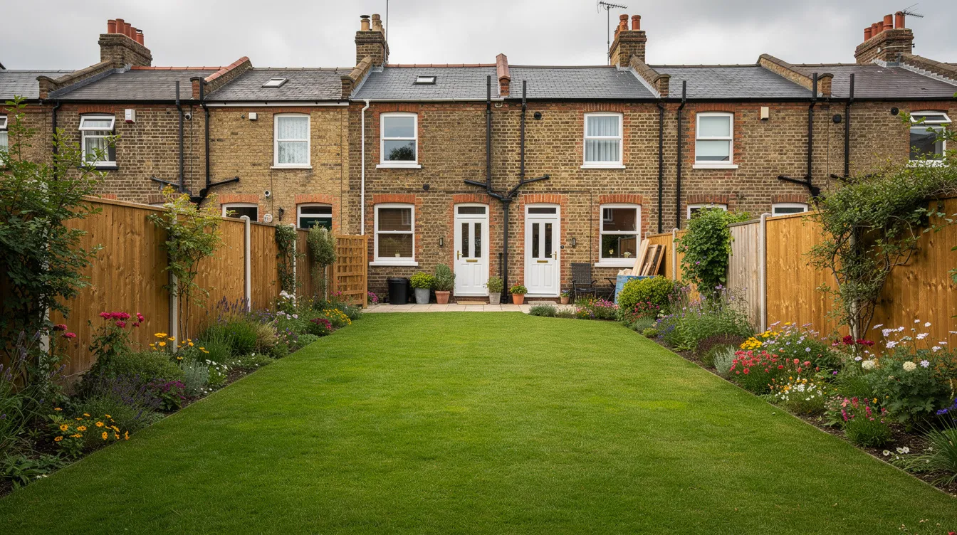 The image depicts a beautiful, lush UK lawn in front of a terraced home, showcasing vibrant green grass that highlights effective lawn care practices. The well-maintained garden reflects a commitment to achieving a healthier and thicker lawn, free from weeds and moss.