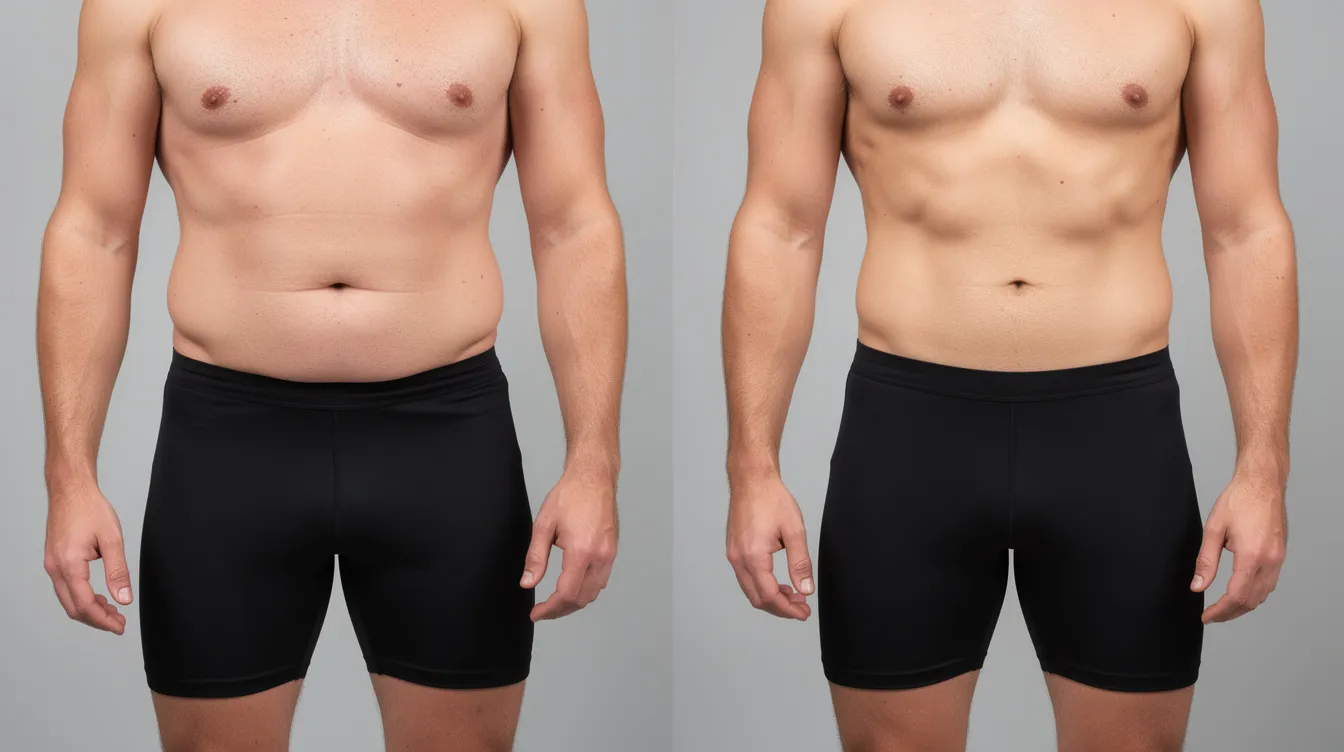 The image displays a side-by-side comparison of a male torso transformation, highlighting the reduction in midsection fat after undergoing male liposuction. The left side shows the abdomen with stubborn fat deposits, while the right side reveals a toned physique, illustrating the positive effects of the procedure on self-esteem and body confidence.