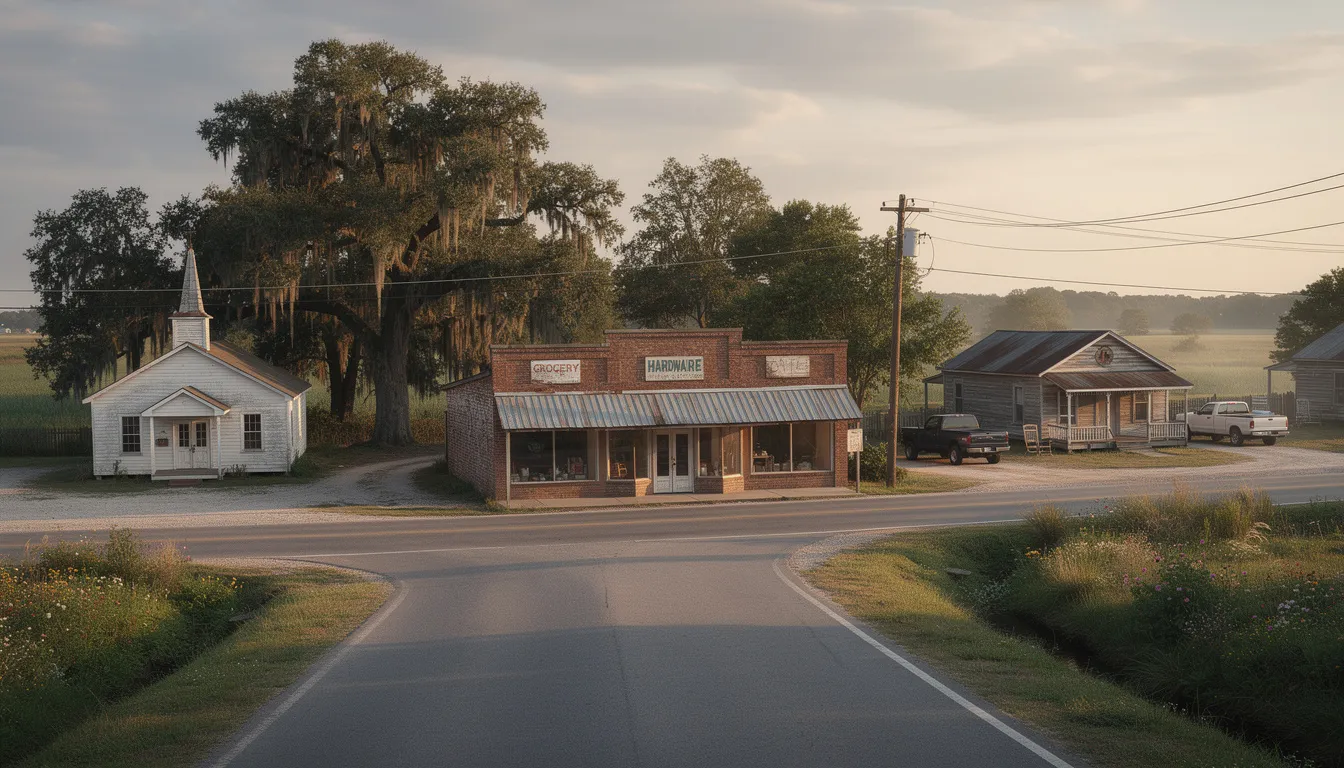 The image depicts a serene rural Louisiana landscape featuring small town buildings nestled among lush green fields and trees. This picturesque scene reflects the charm of local life, where residents may seek information about social security disability benefits and back pay options to support their financial needs.