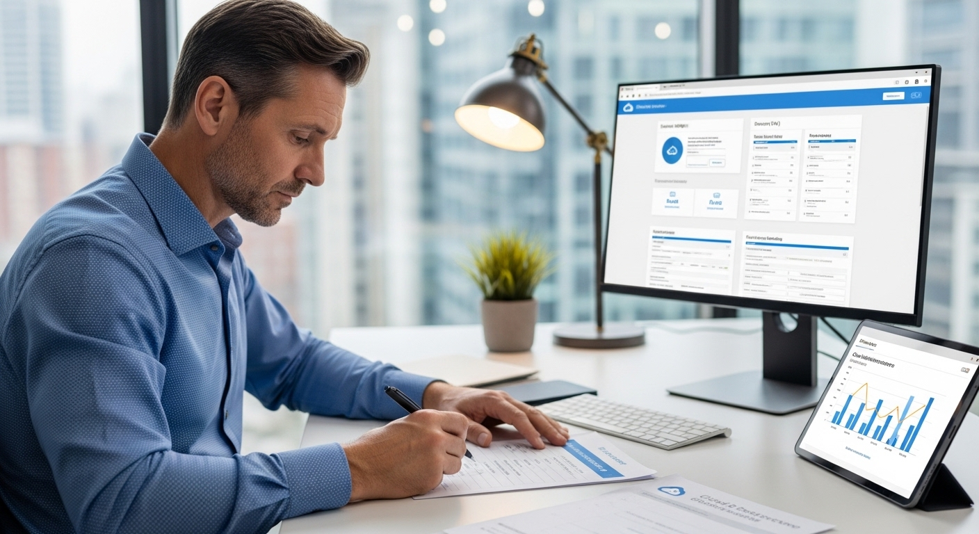 IT decision maker reviewing cloud desktop platform features on a structured evaluation checklist.
