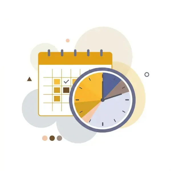 Abstrakte Grafik mit Kalender und Uhr zur Darstellung der offiziellen Bearbeitungsfrist и des Zeitmanagements bei der Masterarbeit.
