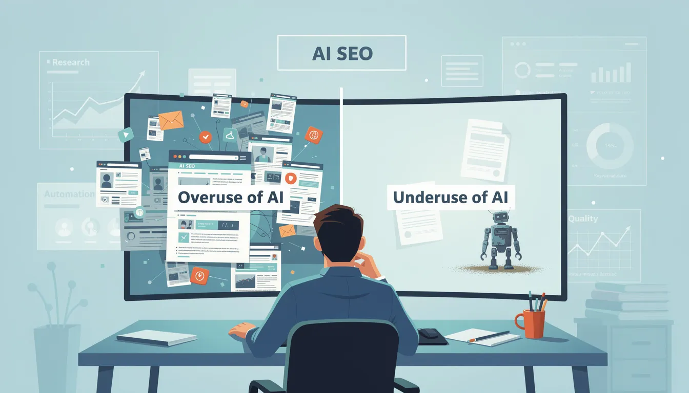 The image illustrates common mistakes in artificial intelligence SEO, highlighting the pitfalls of both overusing AI tools to generate thin content and underutilizing them, leading to missed opportunities in keyword research and content optimization. It emphasizes the importance of balancing AI-powered strategies with traditional SEO efforts to enhance search engine rankings and improve website visibility.