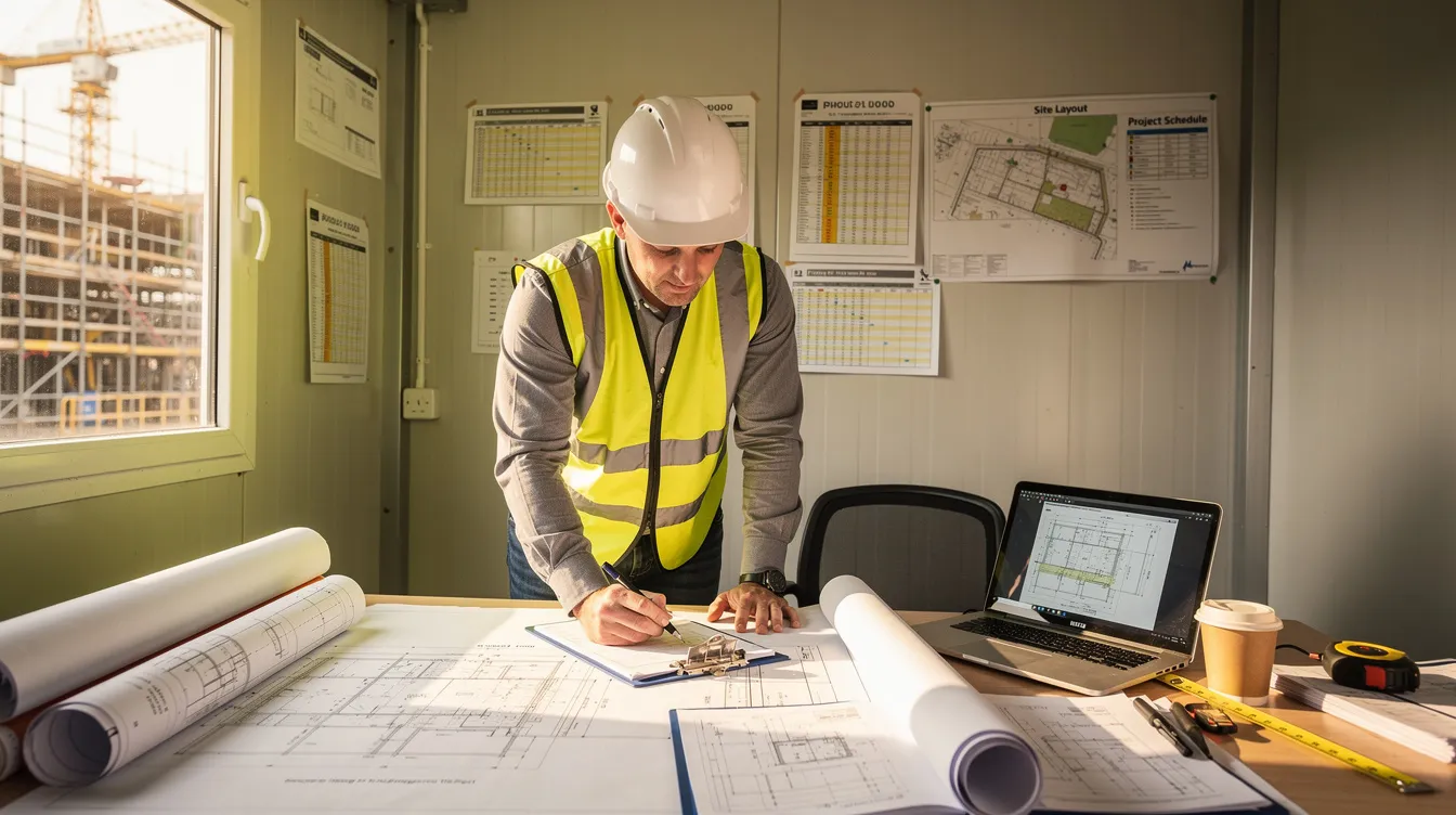 A contractor is seated at a desk in a construction site office, reviewing project documents. The workspace is organized with blueprints and notes, reflecting the importance of contract surety bonds to guarantee performance and payment in construction projects.