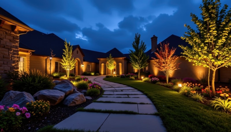 In-ground uplights illuminating trees and landscape features 