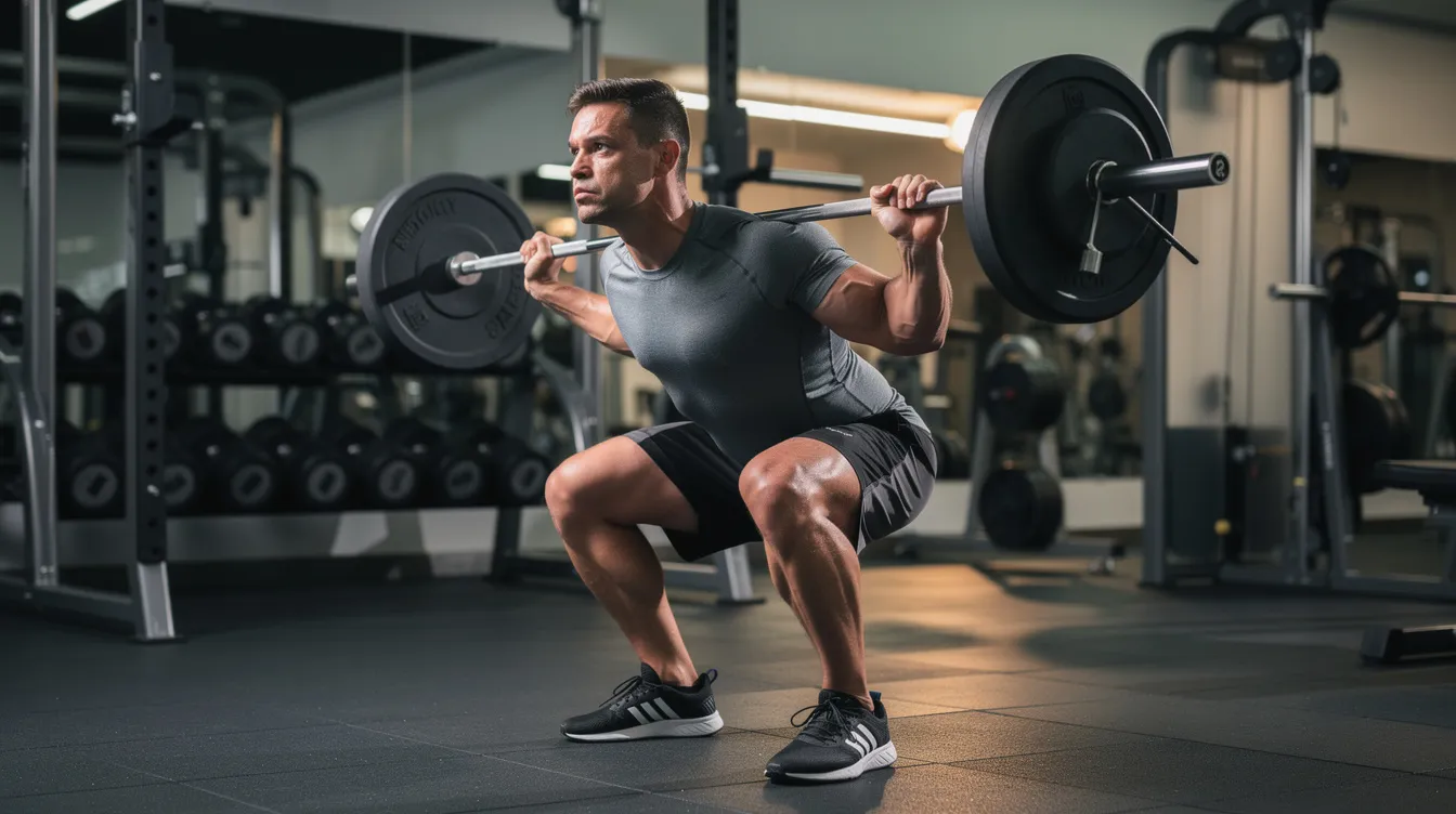 A man is wearing fitted gym clothing, including an athletic shirt and shorts, as he performs a barbell squat in a modern gym setting. His focused expression reflects the intensity of his workout, showcasing the functionality and comfort of his fitness apparel.