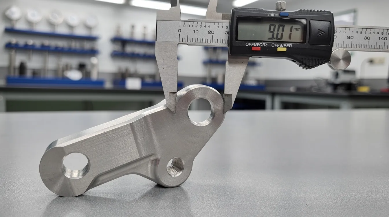 A precision machined titanium aerospace bracket is being carefully measured with digital calipers in a quality inspection area, showcasing the meticulous standards of rapid machining services and CNC machining processes. The focus on tight tolerances ensures the production of high-quality parts suitable for various applications in the aerospace industry.