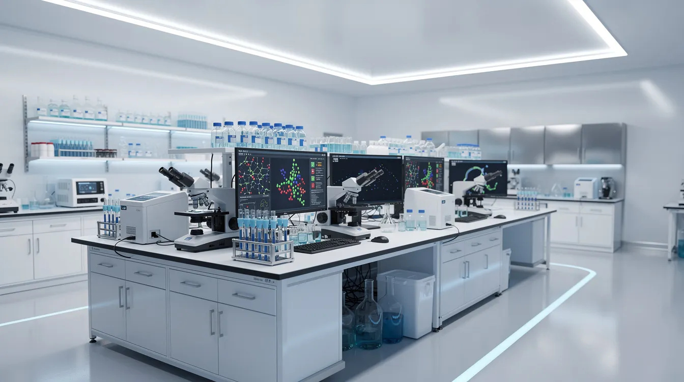 The image depicts a modern laboratory filled with advanced testing equipment and multiple computer monitors displaying data related to blood tests. This setting is crucial for assessing cardiovascular disease risk factors and chronic diseases, contributing to a deeper understanding of overall health and longevity.