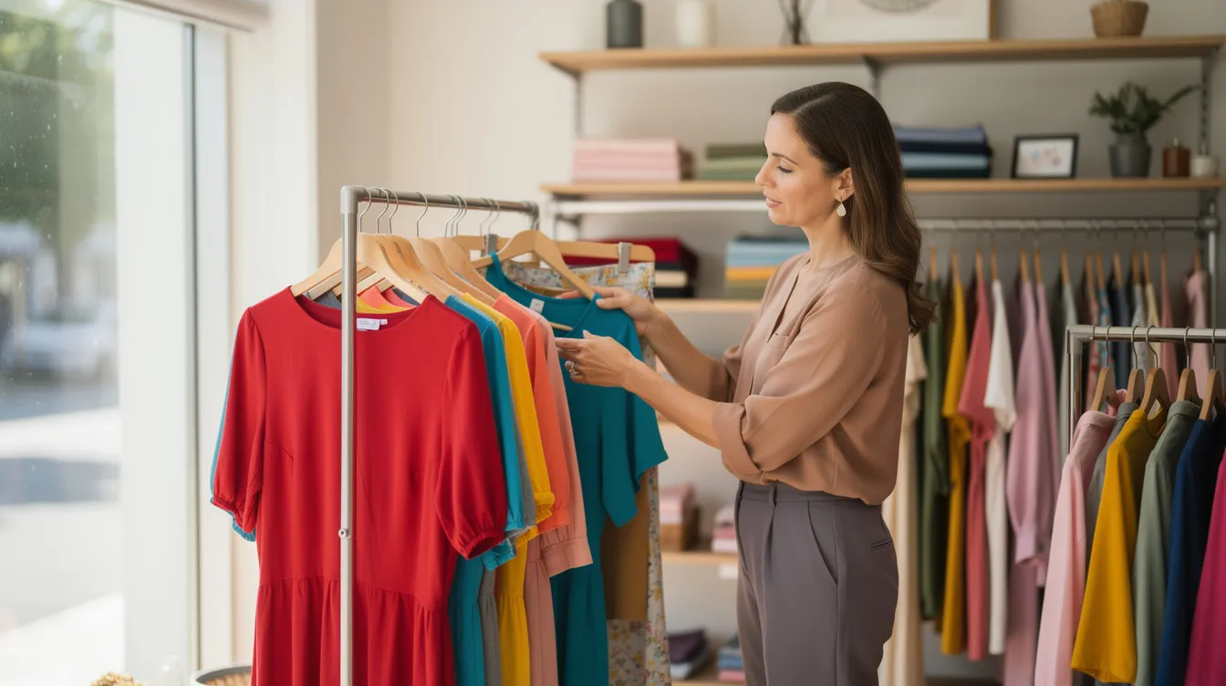 A woman entrepreneur is seen arranging a vibrant array of colorful garments on display racks inside her small retail shop, showcasing her business activity. This scene reflects the essence of entrepreneurship, possibly linked to financial support options like a mudra loan for her business expansion.